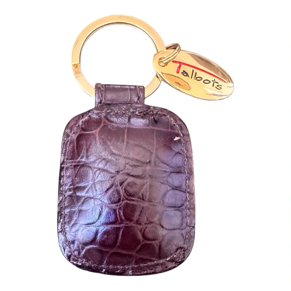 Talbots Dark Croc-Embossed Leather Keychain with Gold Accents Made in Italy